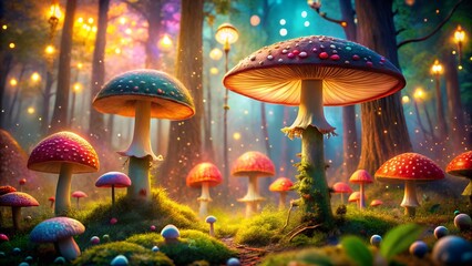 Enchanted mushroom scene with vibrant colors