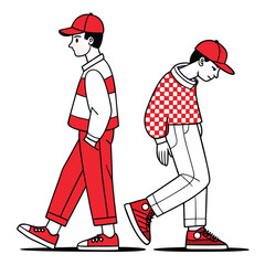 Two Men in Red Caps and Matching Outfits people fashion