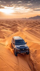 Obraz premium Desert SUV Adventure: A Dark SUV Conquering the Dunes at Sunset