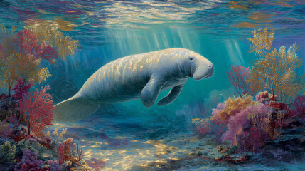 serene underwater view of dugong gracefully surfacing for air amidst vibrant coral reefs and colorful marine life, showcasing beauty of ocean ecosystems