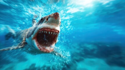 A dramatic underwater capture of a fierce shark with its mouth wide open shows the raw power and primal nature of these magnificent creatures of the ocean.