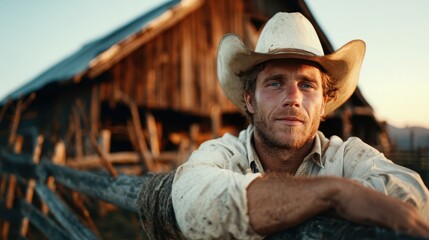 A rugged cowboy leans on a wooden fence with a rustic barn in the background, embodying the spirit of the countryside and showcasing traditional values and strength in rural life.