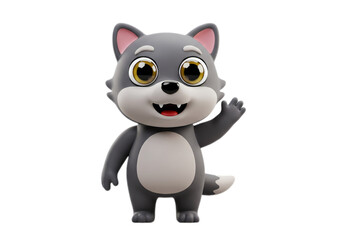 Cartoon Wolf Waving Cute Gray and White Animal on Transparent Background