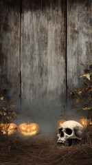 Skull and pumpkins rest on hay against weathered wooden backdrop