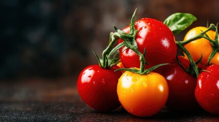 A vibrant cluster of red and yellow cherry tomatoes glistening with water droplets, showcasing their freshness and natural beauty on a rustic wooden table background.