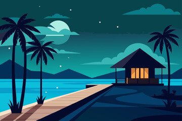 Tranquil tropical night scene with a pier and beach hut under the moonlight