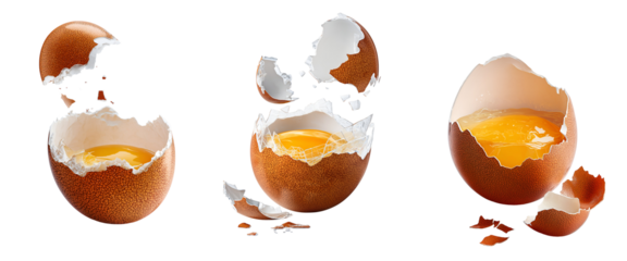 Collection of various boiled egg in empty white breakfast cup isolated on transparent background