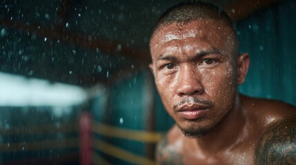A focused boxer training intensely in a rain-soaked gym, showcasing dedication and the struggle for success in the sport of boxing amidst challenging conditions.