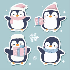 Cute winter penguin stickers with white outlines, perfect for holiday planners, printable gifts and seasonal crafting