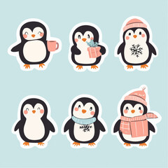 Simple winter penguin stickers, made as accents for holiday tags and festive gift wrap packaging