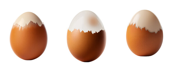 Collection of various boiled brown egg top half shell peeled off isolated on transparent background