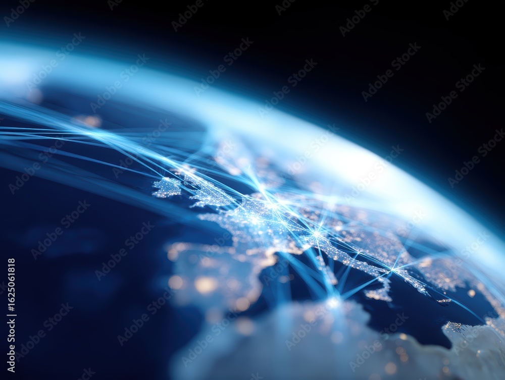 Poster conceptual image: a glowing network of interconnected lines spanning the globe, global supply chain.