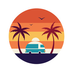 Sunset gradient sky with palm trees and camper van vector vacation road trip artwork