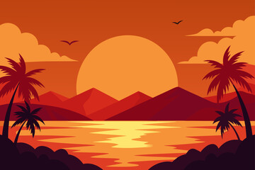 Vibrant tropical sunset over the ocean with palm trees and mountains