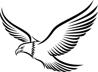 Fototapeta premium Majestic eagle in flight, a powerful bird of prey rendered in a bold black and white line art style for a logo or emblem.