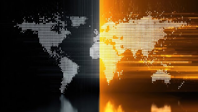Digital world map, split between dark and light