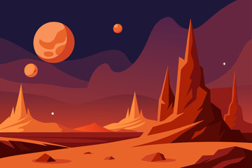 Vibrant alien landscape with jagged peaks and multiple moons in a dark sky