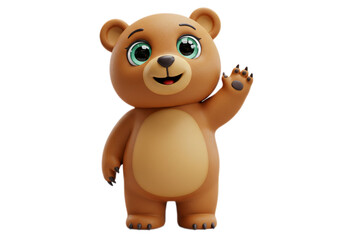 Cute Brown Cartoon Bear Waving on Transparent Background