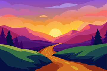 Vibrant sunset over a winding road through colorful mountains and hills