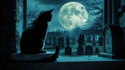 Silhouette of a black cat sitting on a window overlooking a graveyard