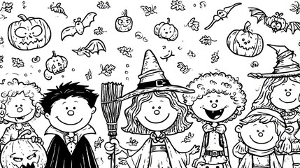 A whimsical black and white illustration showcases Halloween elements. It features kids in costumes, pumpkins, bats, and autumn leaves