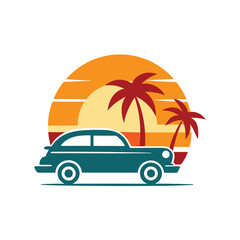 Tropical beach drive with vintage vehicle and orange sunset on white background summer road trip art  