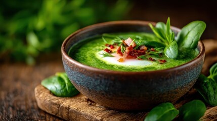 A vibrant bowl of freshly made spinach soup, garnished with herbs and a drizzle of olive oil, emphasizing healthy eating with rich green colors and textures.