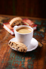 Cup of coffee on wooden background. Soft focus. Copy space	