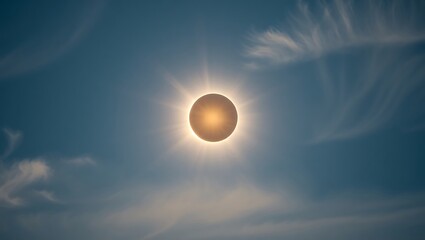 Obraz premium A celestial view of a solar eclipse with a bright corona against a blue sky backdrop with clouds