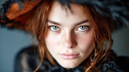 This close-up portrait captures the captivating eyes and freckles of a young woman wearing an artistic hat, symbolizing individuality and the beauty of diversity in expression.