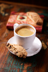 Cup of coffee on wooden background. Soft focus. Copy space	