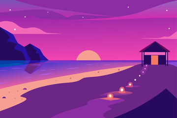 Serene beach sunset with a small hut and glowing lanterns