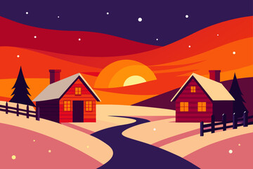 Fototapeta premium Cozy cabins nestled in a snowy landscape at sunset