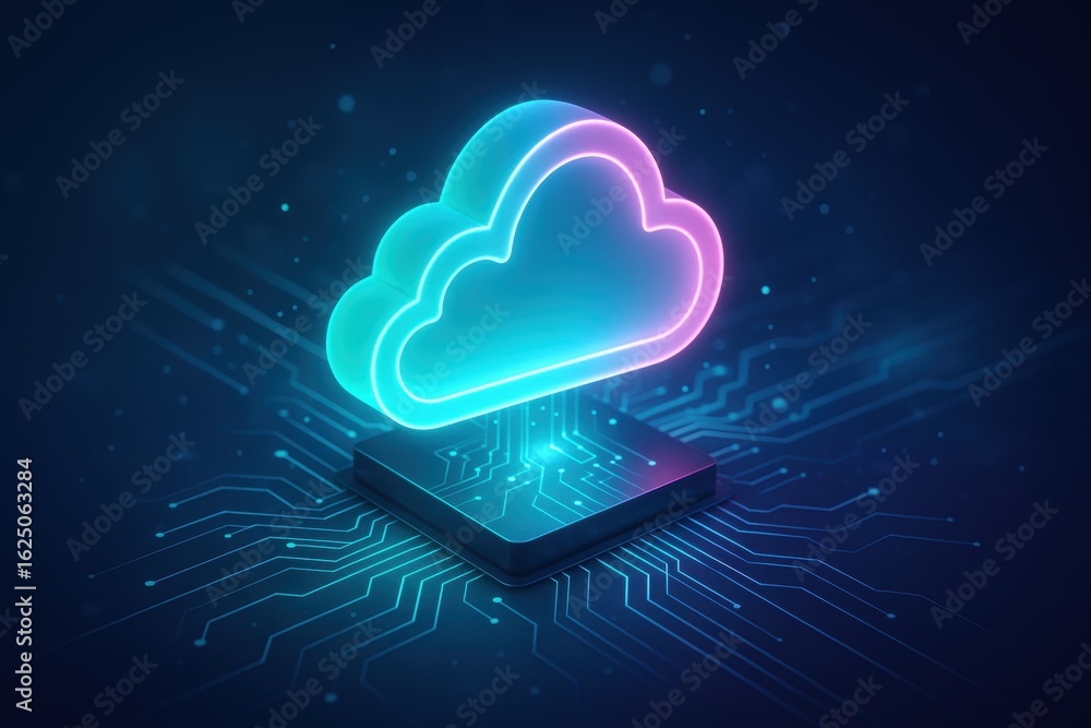 Poster cloud data connection: a luminous cloud icon hovers above a microchip, its radiant glow emphasizing 