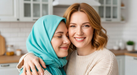 A happy mother embracing her daughter who is wearing a hijab in a kitchen setting, perfect for illustrating multicultural families, love, and acceptance