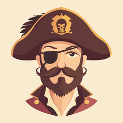 avatar of pirate captain with eye patch, large feathered hat, and curly mustache vector illustration