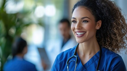 Fototapeta premium A young, female healthcare professional in blue scrubs with a stethoscope, smiling warmly in a hospital setting.