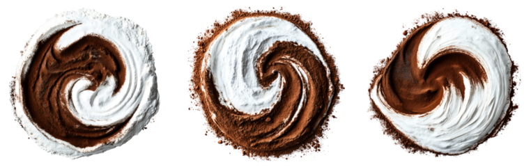 Set of various flour partially mixed with cocoa powder isolated on transparent background