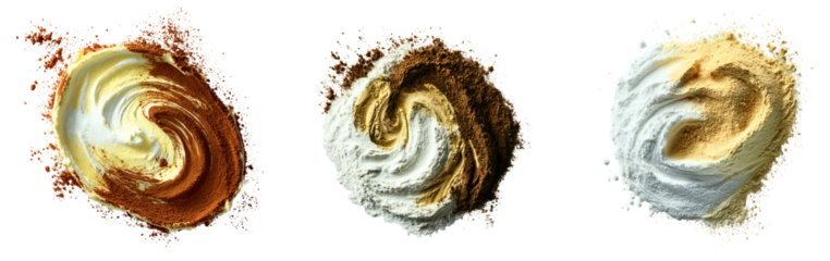 Collection of various flour partially mixed with cocoa powder isolated on transparent background