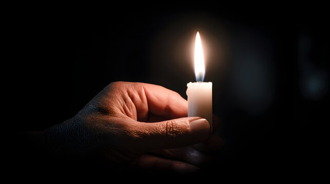 **Close-up of a hand holding a lit white candle in low light, symbolizing warmth and serenity