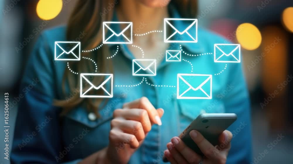Poster a person checking their emails on a mobile device, with various icons and messages displayed