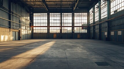A large, empty industrial hangar with large windows and exposed beams, illuminated by natural light.