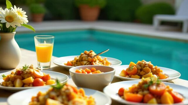 A table setup with plates of food next to a pool, perfect for outdoor gatherings or party decorations