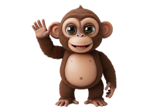 Cute Brown Monkey Cartoon Character Waving on Transparent Background