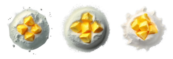 Collection of various flour with partially covered pieces of cold butter isolated on transparent background