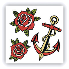 The image you’ve uploaded is a vibrant collection of vintage tattoo flash designs, featuring traditional American tattoo motifs such as roses, hearts, daggers, wings, keys, and banners with words like