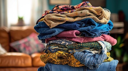 A pile of colorful clothing, including jeans and patterned shirts, stacked on a chair in a living room.