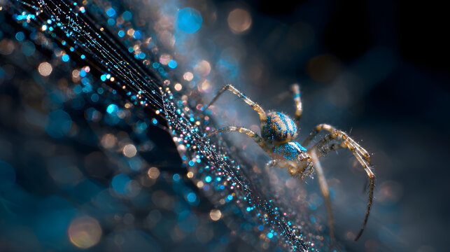 **Close-up of a tiny spider weaving its web with shimmering silk and vivid blue details - Powered by Adobe