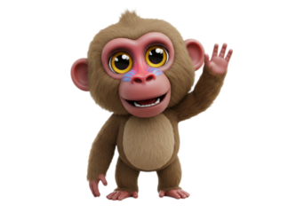 Cartoon Monkey Waving Hand Brown Furry Isolated on Transparent Background