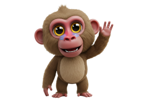 Cartoon Monkey Waving Hand Brown Furry Isolated on Transparent Background